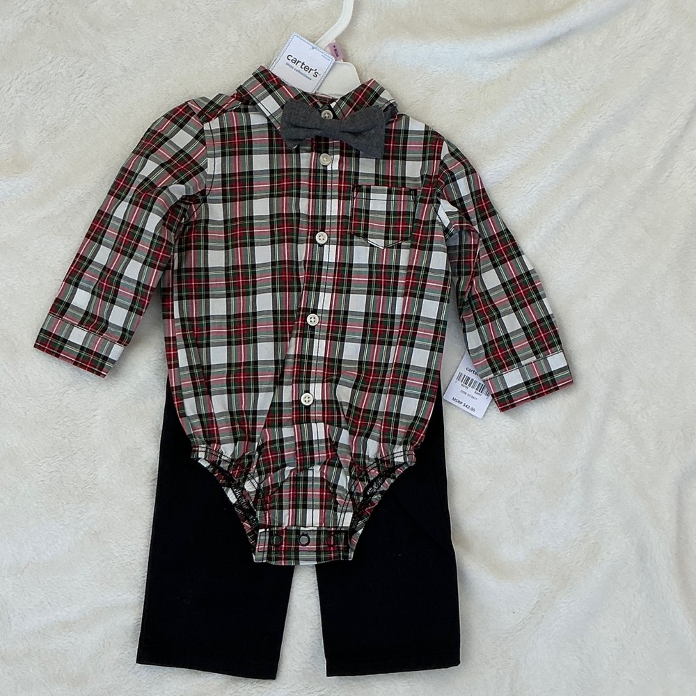 Carter's Red and Black Plaid Baby Bodysuit with Bow Tie